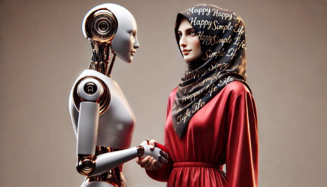 AI Is Not Perfect The Role of Human Judgment AI is not perfect. A human woman with Arab features in a red dress and black hijab patterned with 'Happy Simple Life' shakes hands with a sleek robot, symbolizing the partnership between humans and artificial intelligence.