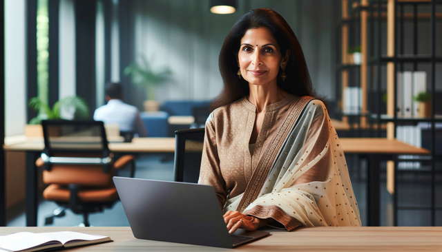 Career Change After 40 Confident East Indian woman in her 40s wearing a salwar kameez, working on a laptop in a modern office, symbolizing a successful career change after 40