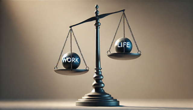 Why Work-Life Balance is a Myth A scale tipping unevenly with 'Work' and 'Life' labels, symbolizing that work-life balance is a myth
