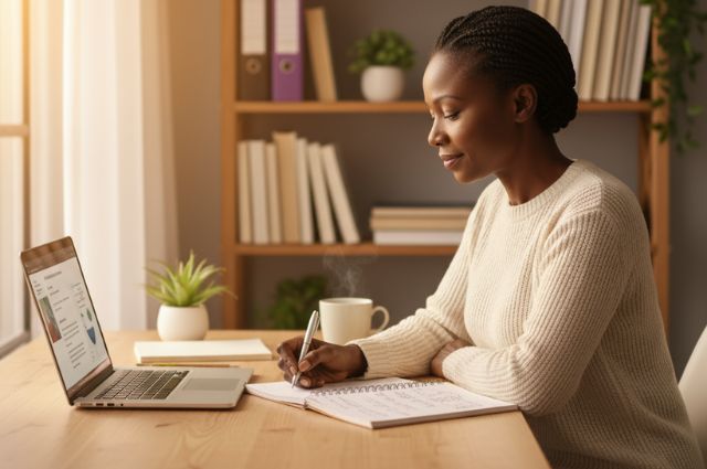 Going back to school in your 50s Middle-aged woman studying at a spacious desk in a well-lit home office, taking online classes on her laptop. The image represents the concept of going back to school in your 50s.