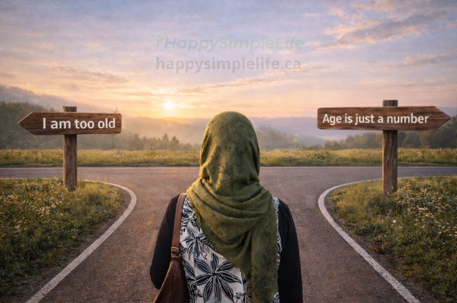 Self Ageism Self Ageism - Nargis Abdulkayum wearing a green hijab standing at a T-junction walking path looking toward a sign that says “Age is just a number” while another sign pointing the opposite direction says “I am too old”