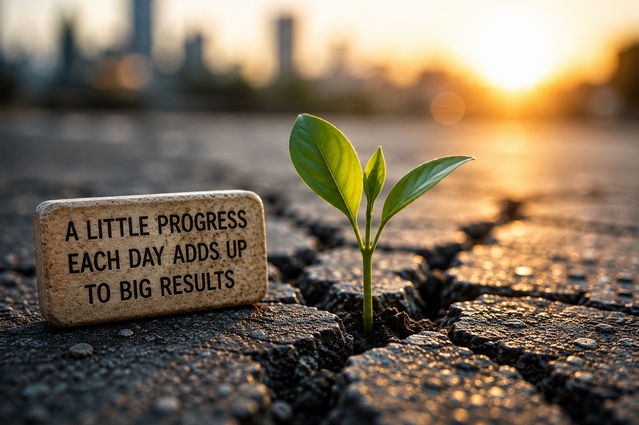 A small plant has started to grow from the cracks in a road which depicts little progress every day can add up to be something big. Little by Little, Little Is No More